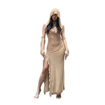 Desert Mirage Layered Hooded Gown - Sexy Hooded Women Dress See Through with Ruffles Gloves Side Split Irregular Slim Party Club Long Dress Summer Streetwear Dress