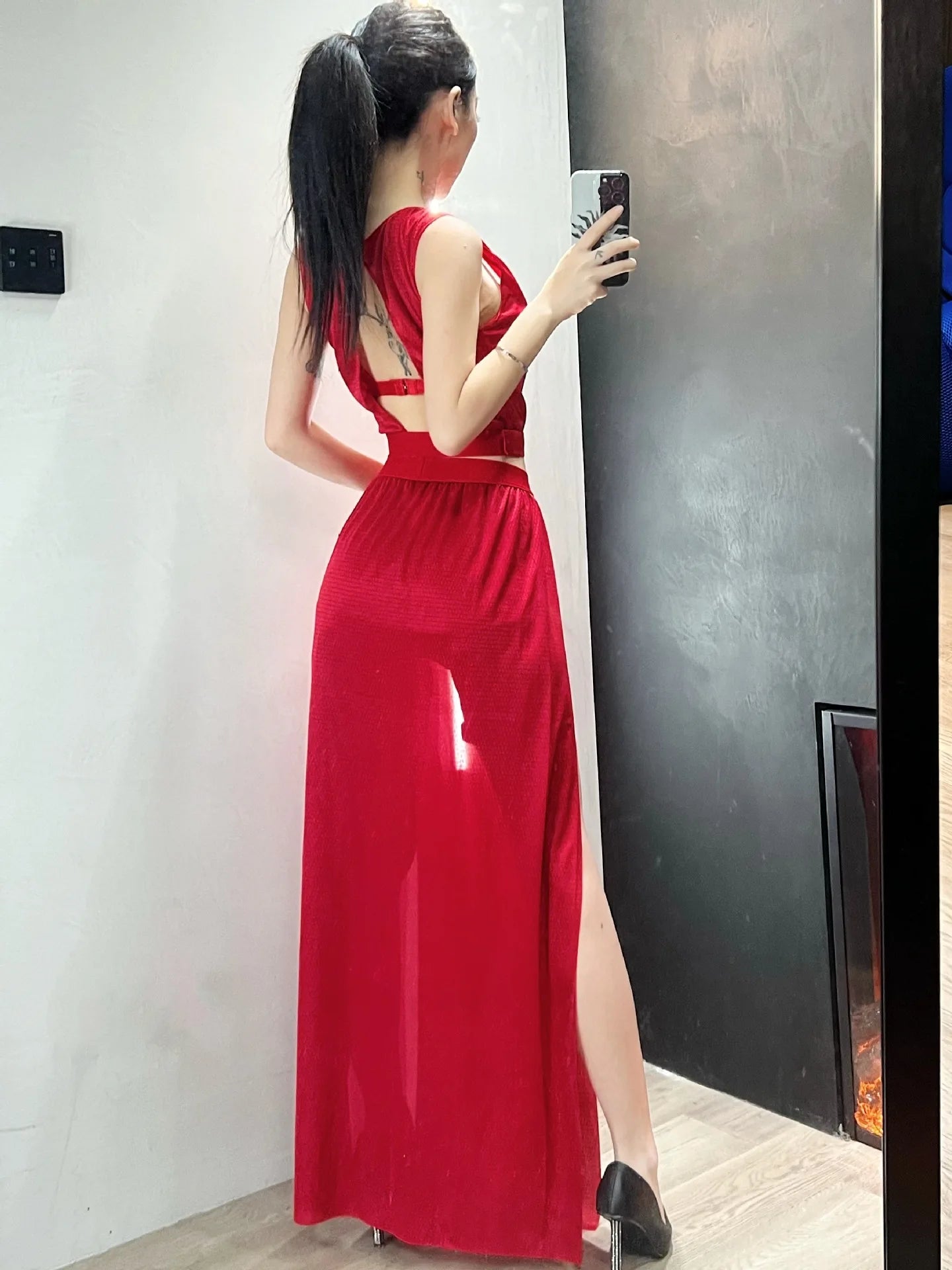 Shadow Siren Strappy Two-Piece Dress - Goth Club Mesh Sexy Summer Corsets Skirt Set Women Sleeveless Black Crop Bra Top Bandage Underpants Slit Skirt 4pcs Sets