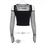 Eclipse Night Cage Crop Top - Dark Punk Style Hot Girl Sexy Slim Off-The-Shoulder long-Sleeved Top Grid T-Shirt