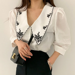 Elegant Floral Embroidery Puff Sleeve Blouse -  Dark Academia Korean Fashion Vintage Style Chic Office Wear Classic Aesthetic