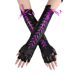 Midnight Lattice Lace-Up Gloves - Women Sexy Floral Lace Elbow Length Half-finger Gloves black String Ribbon Ties Up Dance Party Fingerless Fishnet Mittens