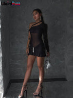 Twilight Allure One-Shoulder Mesh Dress - one shoulder mini dress  bodycon club sheer mesh  ruffle hem , buckle accent sexy going out