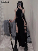 Midnight Serenade Gown - Goth Dark Cosplay High Split Sexy Bandage Bodycon Women Dresses Y2K Mall Gothic Halter Slim Midi Dress Black Grunge Style Alt Partywear