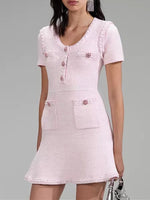 Dazzling Pink Knitted Mini Dress with Diamond Buttons Office Wear Elegant Stylish Comfortable Versatile Above Knee