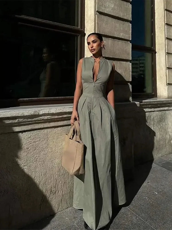 Sage Luxe Structured Maxi Dress - Women Fashion Round Collar Sleeveless Pleated Slim Elegant Solid Half Zipper A-line Dresse Girl's Casual High Street Robe