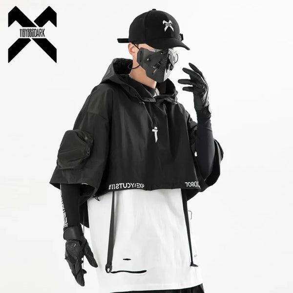 Monochrome Matrix Ensemble - Techwear Functional Hooded Short Coat Shawl for Men Harajuku Accessory Bag