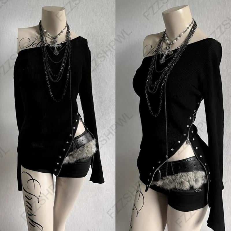 Nocturne Rivet Asymmetrical Knit Top