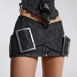 Y2K Revival Denim Mini Skirt with Bold Buckles -  Emo Vintage  Short Sexy Leather Fairy Grunge Lhigh  Waist Pu Leather A-line Skirt Alt Clothes