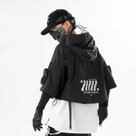 Monochrome Matrix Ensemble - Techwear Functional Hooded Short Coat Shawl for Men Harajuku Accessory Bag