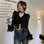 Midnight Ruffle Cascade Blouse- Y2k Crop Top Women Lace Blouses  Sexy Gothic Grunge Female Shirts Elegant Black Transparent Cardigan Korean Streetwear