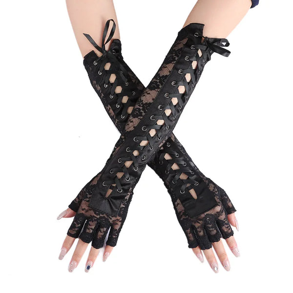 Midnight Lattice Lace-Up Gloves - Women Sexy Floral Lace Elbow Length Half-finger Gloves black String Ribbon Ties Up Dance Party Fingerless Fishnet Mittens