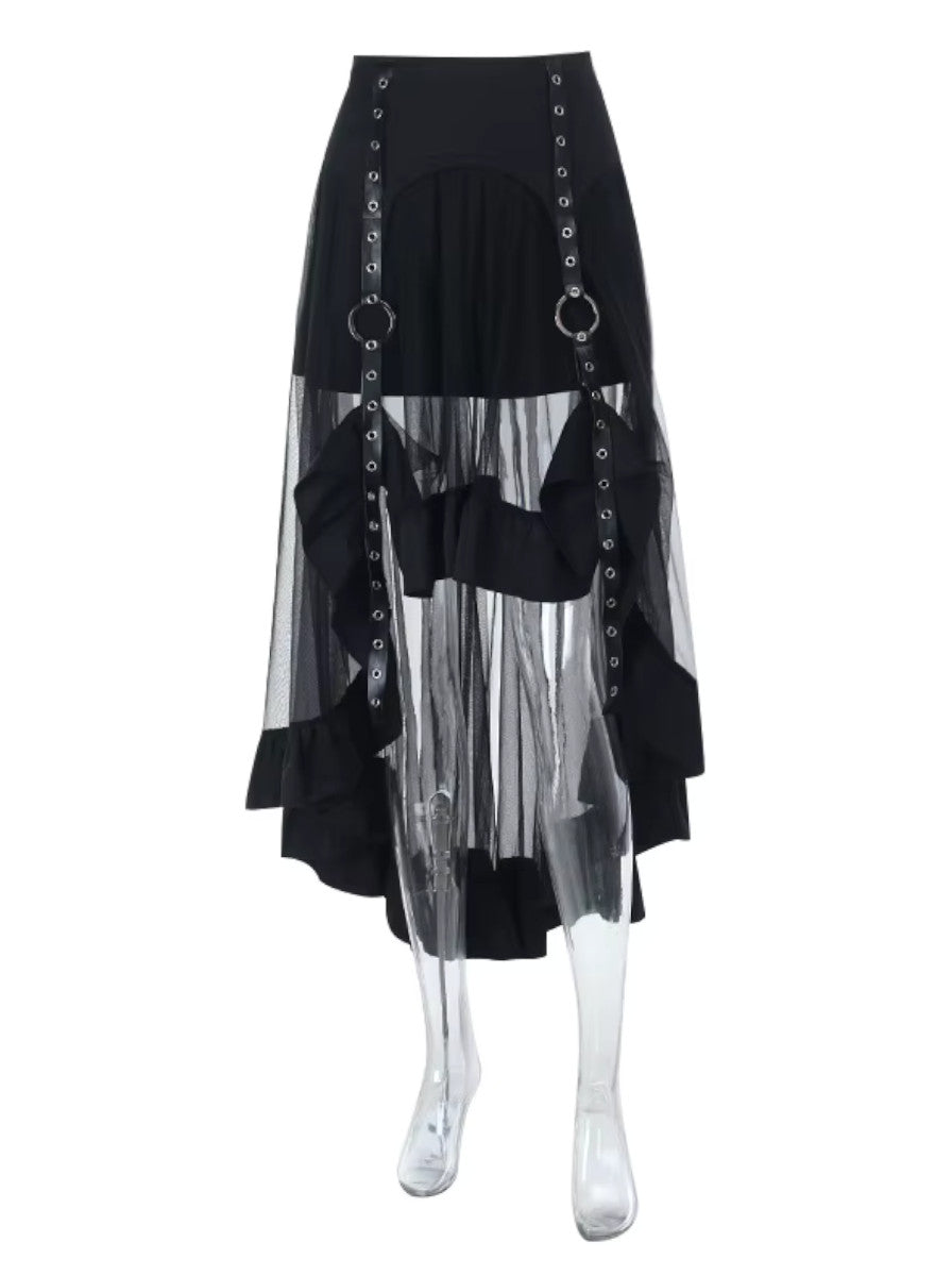 The Obsidian Reign Set – Buckle Corset Top & Gothic Mesh Skirt