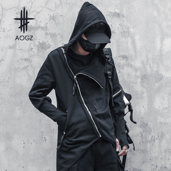 Dark Wear Hooded Zipper Spliced Sweatshirt - Irregular Zipper Hooded Jackets Men Hip Hop Streetwear Harajuku Punk Clothing Outwear Techwear Jacket Coat Cotton