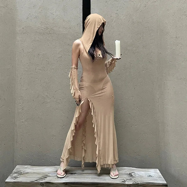 Desert Mirage Layered Hooded Gown - Sexy Hooded Women Dress See Through with Ruffles Gloves Side Split Irregular Slim Party Club Long Dress Summer Streetwear Dress