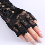 Midnight Lattice Lace-Up Gloves - Women Sexy Floral Lace Elbow Length Half-finger Gloves black String Ribbon Ties Up Dance Party Fingerless Fishnet Mittens