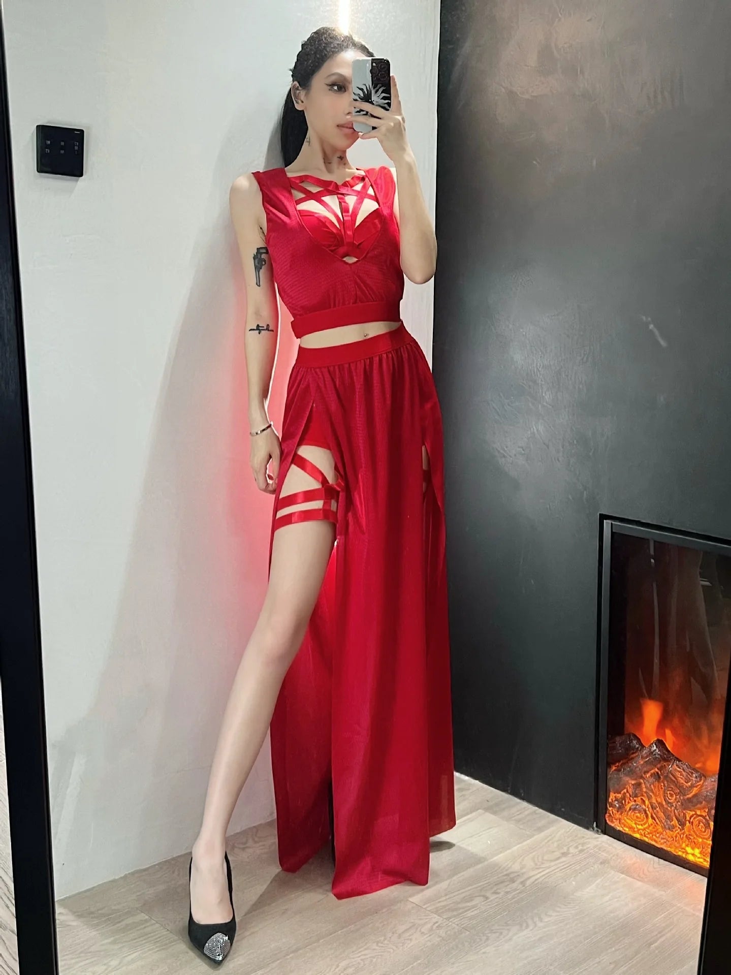 Shadow Siren Strappy Two-Piece Dress - Goth Club Mesh Sexy Summer Corsets Skirt Set Women Sleeveless Black Crop Bra Top Bandage Underpants Slit Skirt 4pcs Sets