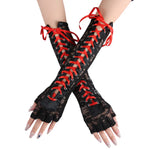 Midnight Lattice Lace-Up Gloves - Women Sexy Floral Lace Elbow Length Half-finger Gloves black String Ribbon Ties Up Dance Party Fingerless Fishnet Mittens