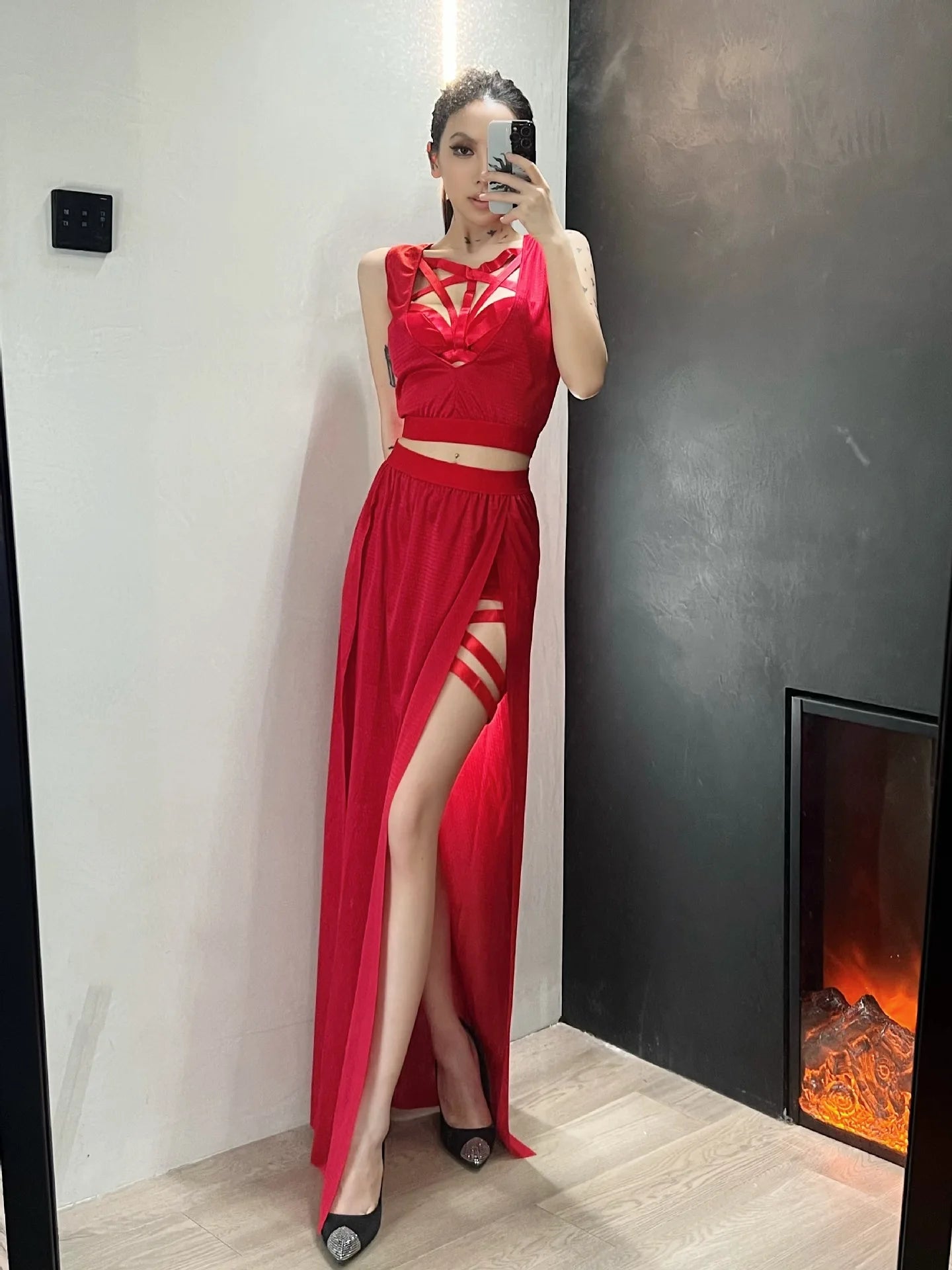 Shadow Siren Strappy Two-Piece Dress - Goth Club Mesh Sexy Summer Corsets Skirt Set Women Sleeveless Black Crop Bra Top Bandage Underpants Slit Skirt 4pcs Sets