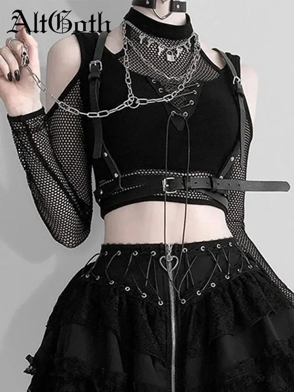 Shadow Siren Enchanted Mesh Illusion Top - AltGoth Gothic Mesh T-shirt Vintage Streetwear Punk Aesthetic Lace Up Patchwork Tee Tops Y2k Open Shoulder Emo Alt Clothes