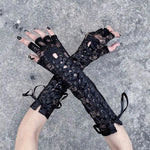 Midnight Lattice Lace-Up Gloves - Women Sexy Floral Lace Elbow Length Half-finger Gloves black String Ribbon Ties Up Dance Party Fingerless Fishnet Mittens