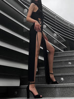 Midnight Serenade Gown - Goth Dark Cosplay High Split Sexy Bandage Bodycon Women Dresses Y2K Mall Gothic Halter Slim Midi Dress Black Grunge Style Alt Partywear