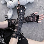 Midnight Lattice Lace-Up Gloves - Women Sexy Floral Lace Elbow Length Half-finger Gloves black String Ribbon Ties Up Dance Party Fingerless Fishnet Mittens