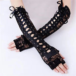 Midnight Lattice Lace-Up Gloves - Women Sexy Floral Lace Elbow Length Half-finger Gloves black String Ribbon Ties Up Dance Party Fingerless Fishnet Mittens