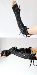 Midnight Lattice Lace-Up Gloves - Women Sexy Floral Lace Elbow Length Half-finger Gloves black String Ribbon Ties Up Dance Party Fingerless Fishnet Mittens