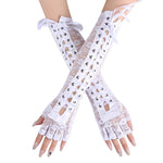 Midnight Lattice Lace-Up Gloves - Women Sexy Floral Lace Elbow Length Half-finger Gloves black String Ribbon Ties Up Dance Party Fingerless Fishnet Mittens