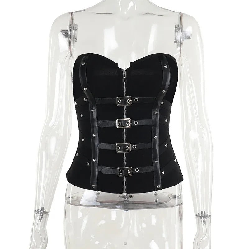 The Obsidian Reign Set – Buckle Corset Top & Gothic Mesh Skirt
