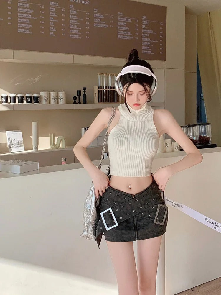 Y2K Revival Denim Mini Skirt with Bold Buckles -  Emo Vintage  Short Sexy Leather Fairy Grunge Lhigh  Waist Pu Leather A-line Skirt Alt Clothes