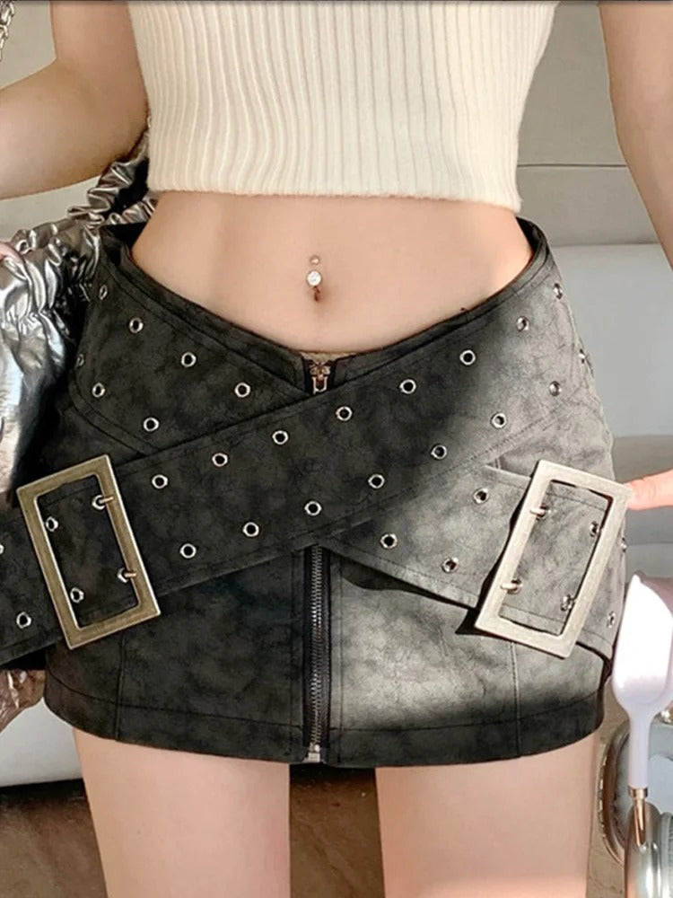 Y2K Revival Denim Mini Skirt with Bold Buckles -  Emo Vintage  Short Sexy Leather Fairy Grunge Lhigh  Waist Pu Leather A-line Skirt Alt Clothes