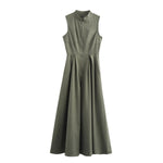 Sage Luxe Structured Maxi Dress - Women Fashion Round Collar Sleeveless Pleated Slim Elegant Solid Half Zipper A-line Dresse Girl's Casual High Street Robe