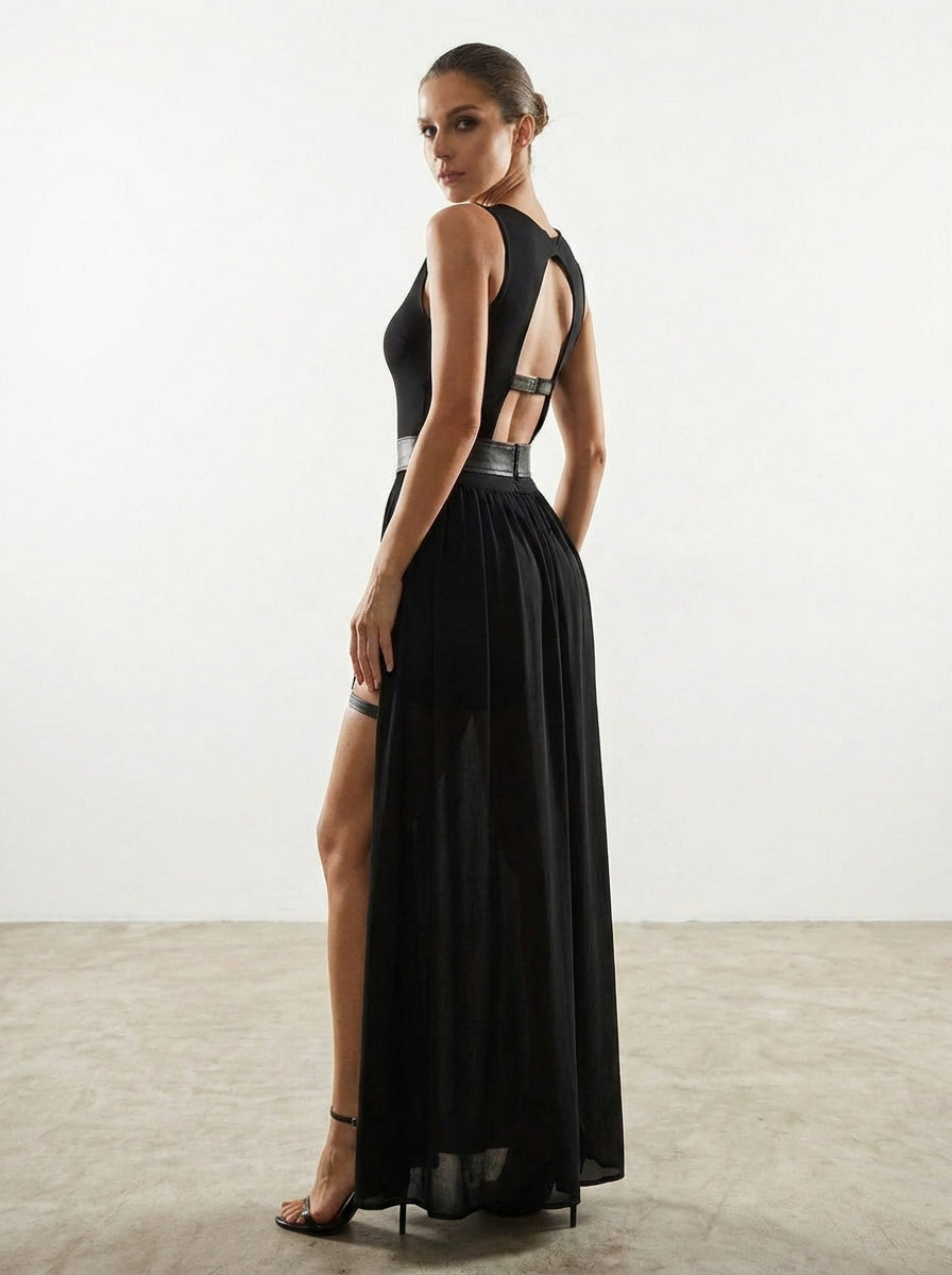 Shadow Siren Strappy Two-Piece Dress - Goth Club Mesh Sexy Summer Corsets Skirt Set Women Sleeveless Black Crop Bra Top Bandage Underpants Slit Skirt 4pcs Sets