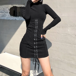 Noir Lace-Up Enigma Gothic Mini Dress - Slim Fit Sheath Dress Black Tied Bandage Y2K Knitted Bodycon Dress Long Sleeve Half Turtleneck Sexy