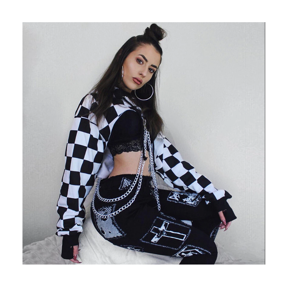 Women Plaid Casual Streetwear Sweatshirt Hoodie Crop Top Jumper