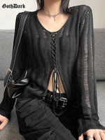 Gothic See Through Bandage Blouse - Grunge Sexy Knitwear T-shirt Y2k Long Sleeve Streetwear Women Tops