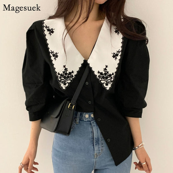 Elegant Floral Embroidery Puff Sleeve Blouse -  Dark Academia Korean Fashion Vintage Style Chic Office Wear Classic Aesthetic
