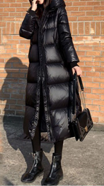 Black Glossy Parka Coat - Winter Hooded Long Jacket Female Windproof Rainproof Warm Outwear
