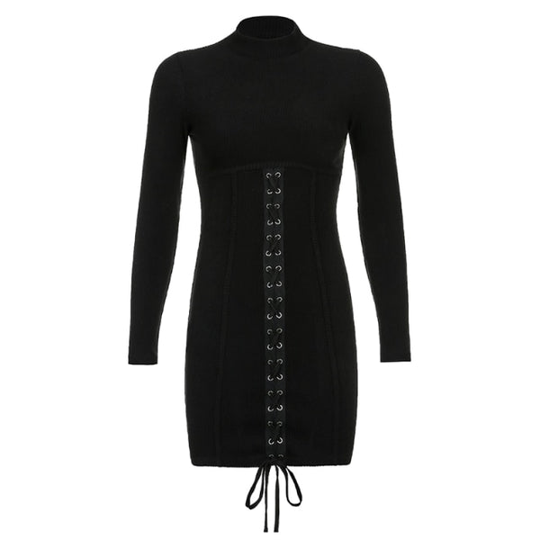Noir Lace-Up Enigma Gothic Mini Dress - Slim Fit Sheath Dress Black Tied Bandage Y2K Knitted Bodycon Dress Long Sleeve Half Turtleneck Sexy