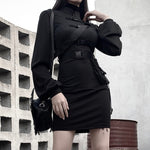 Gothic Qipao Dress - Bandage Goth Dress Women Gothic Punk Belt Long Sleeve Streetwear Black Mini Vestidos Casual Slim Hot Girl Dress 2023