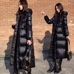 Black Glossy Parka Coat - Winter Hooded Long Jacket Female Windproof Rainproof Warm Outwear